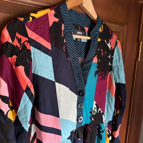 MAEVE for ANTHROPOLOGIE Gillian multicolored long sleeve dress XS teal patchwork - Picture 3 of 13